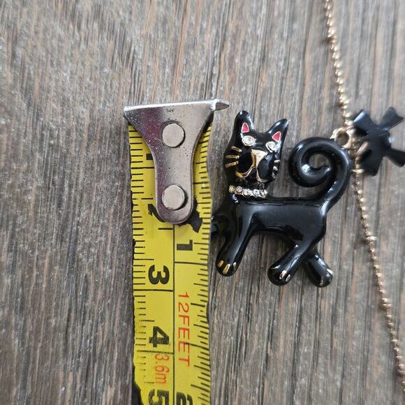 Betsey Johnson Black Cat Pendant Antique Gold Tone Necklace Rhinestone Rare 19' - Picture 12 of 12